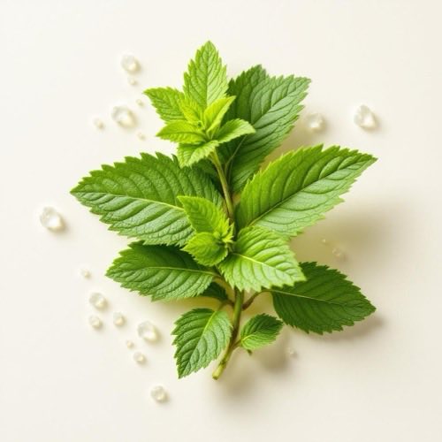 Estratto di mentolo, cristalli bianchi e foglie di menta su sfondo neutro