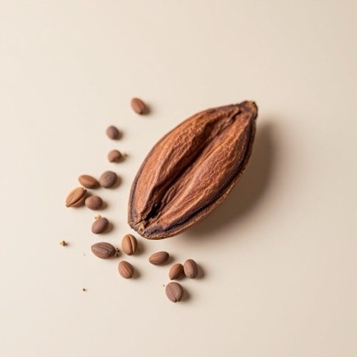 Fave di cacao intere su sfondo naturale