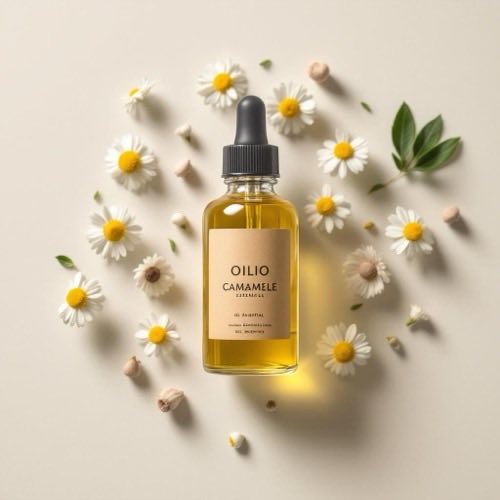 Olio essenziale di Camomilla fiori su sfondo neutro