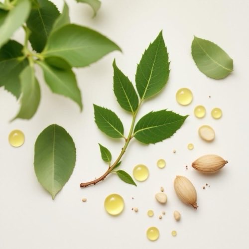 Olio essenziale di eucalipto, foglie verdi e gocce d'olio su sfondo neutro