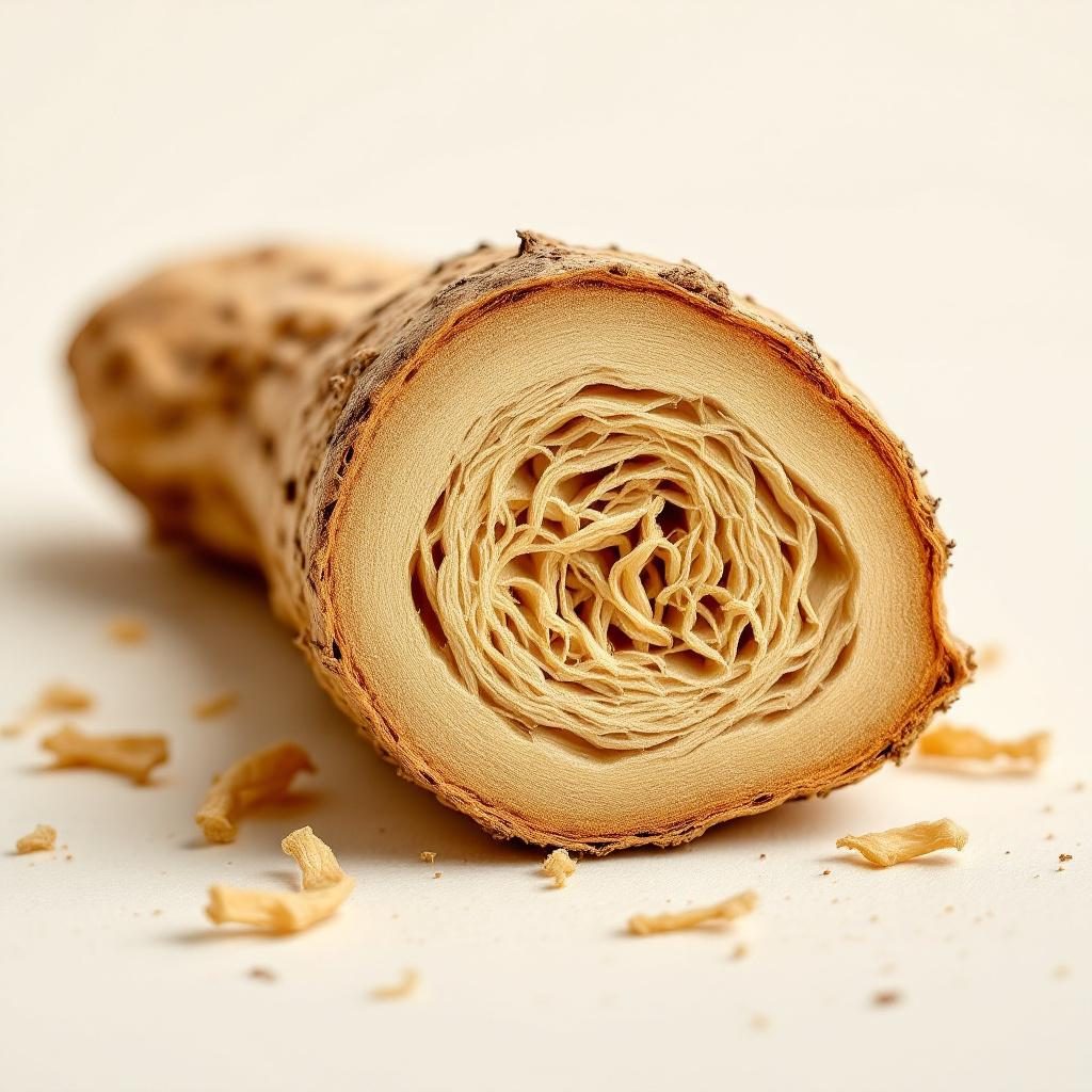 Dried licorice root with cross-section showing fibrous texture