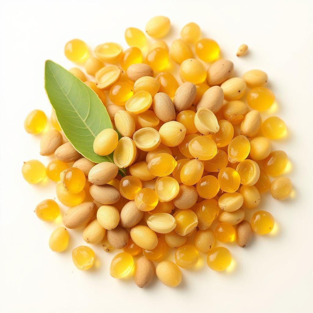 Semillas de jojoba y aceite dorado en frasco