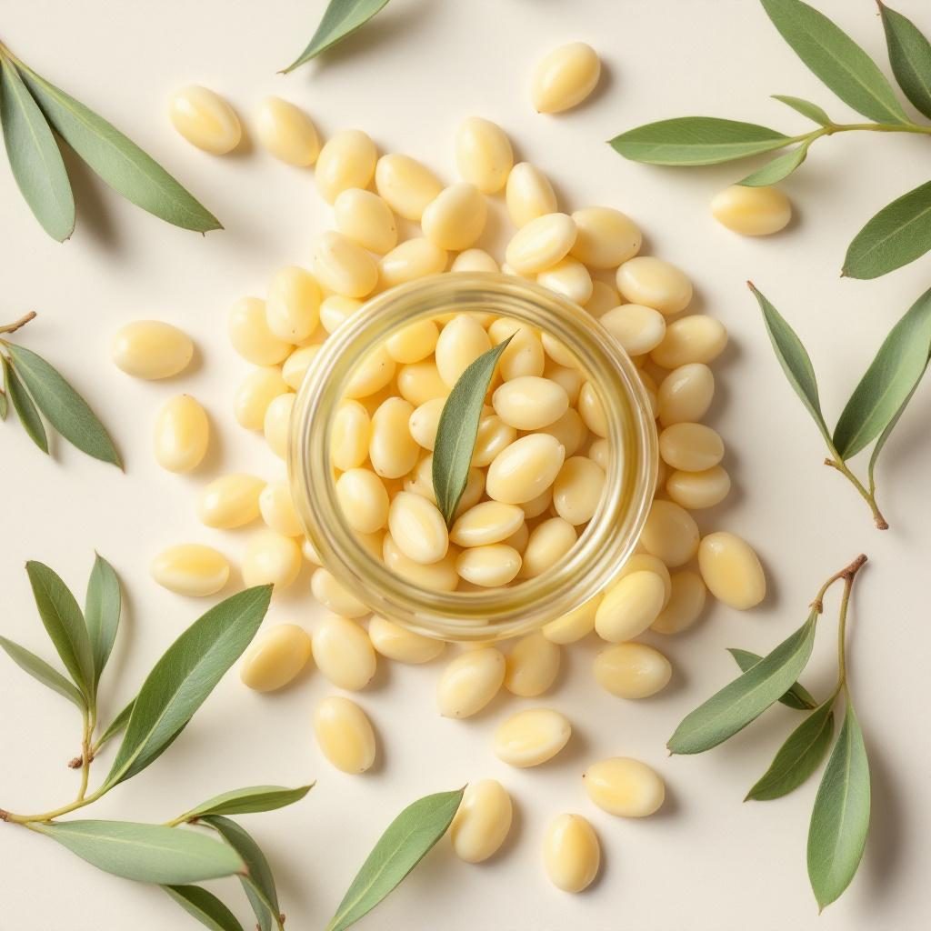 Semillas de jojoba y aceite en frasco de vidrio