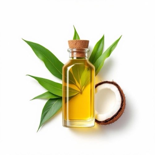 Aceite de coco virgen extra en frasco de vidrio con cocos frescos