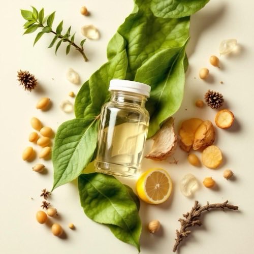 Glicerina vegetal transparente con plantas verdes