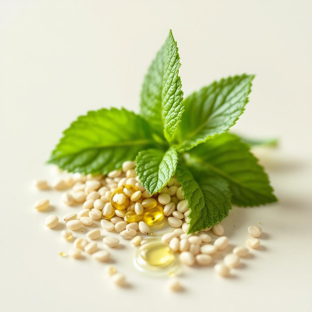 Folhas de menta fresca com gotas de óleo essencial
