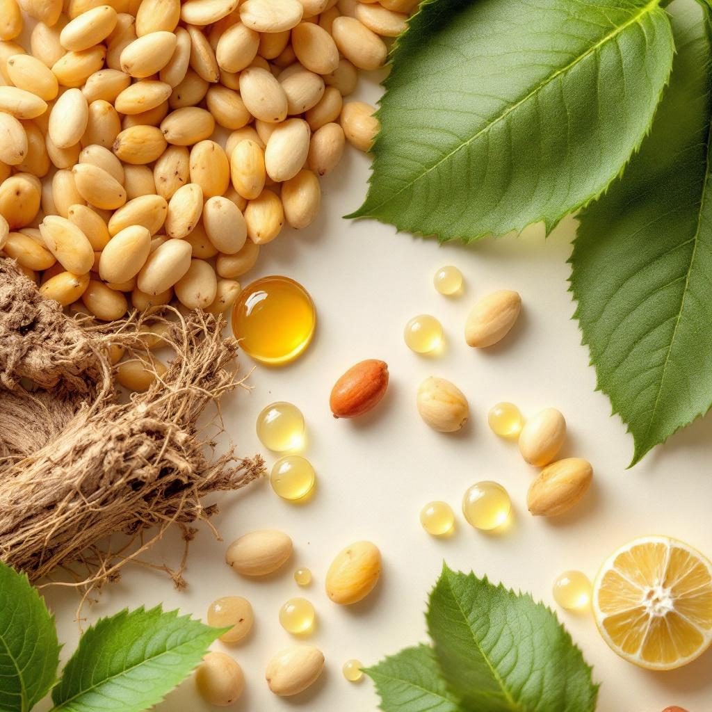 Aceites naturales puros en gotas sobre superficie vegetal