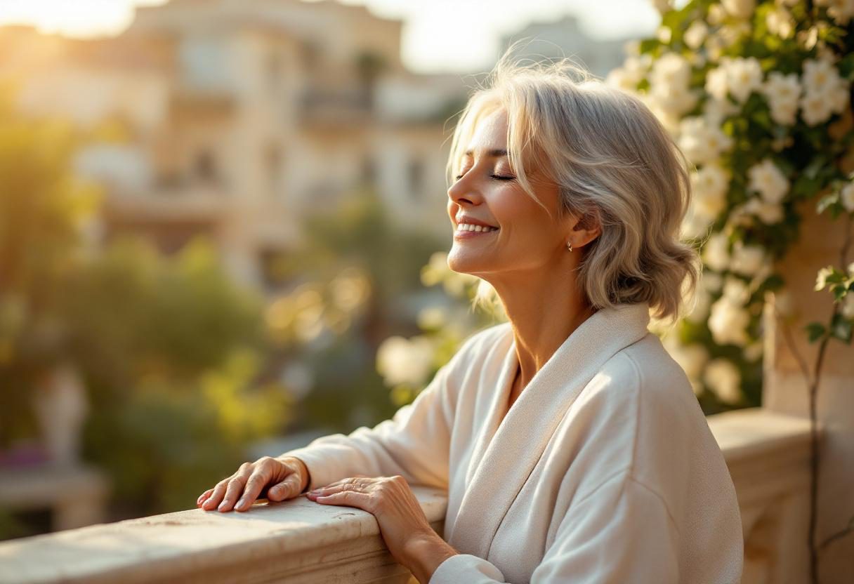 امرأة تطبق سائل العناية بمنطقة العين في روتين صباحي هادئ