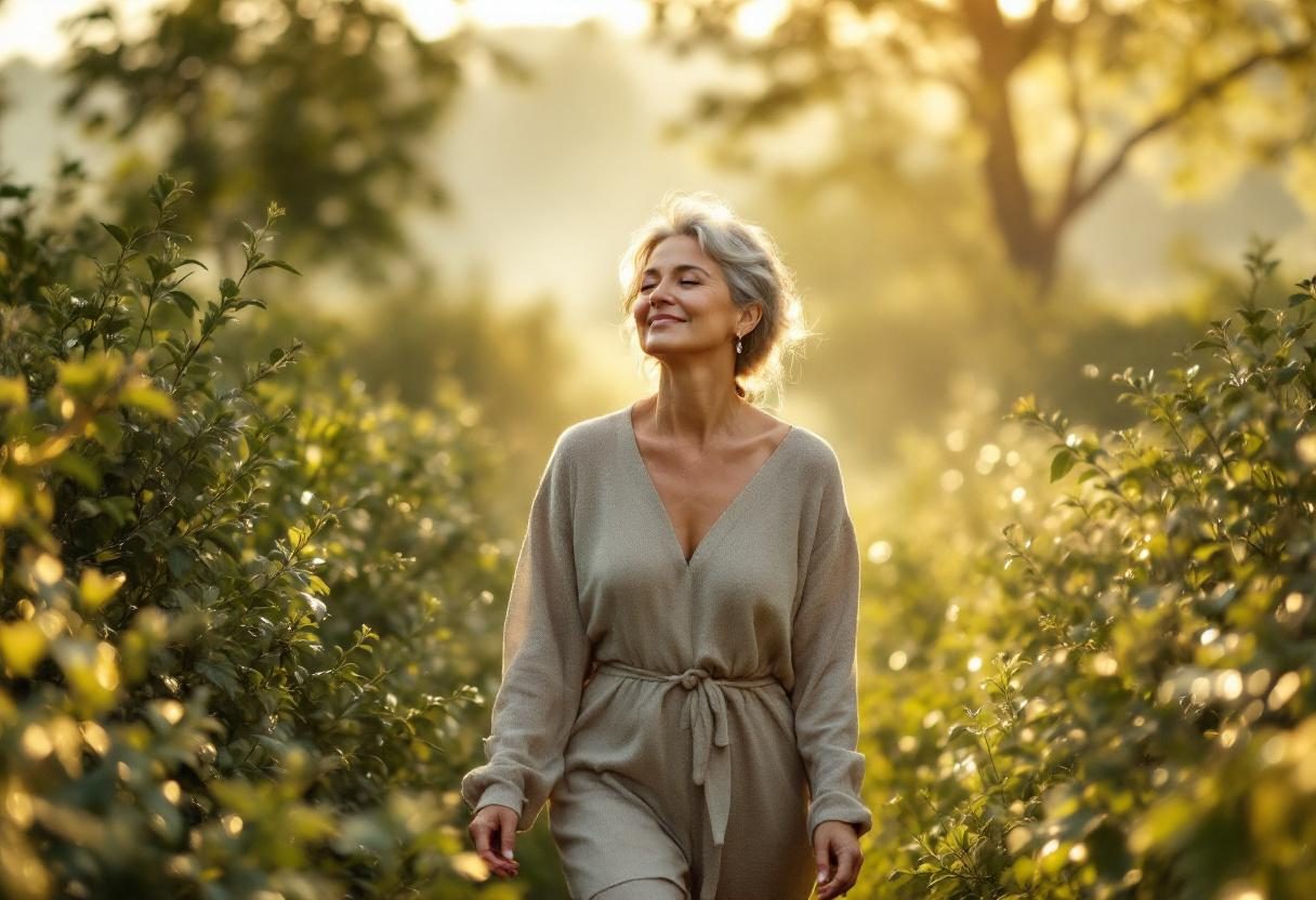 Zufriedene Person bei der täglichen Pflegeroutine mit Naturprodukten