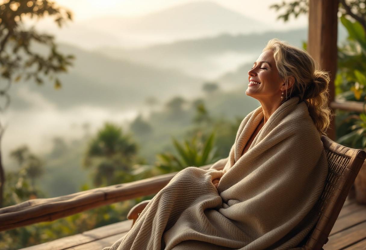 Mujer practicando yoga en entorno natural con iluminación suave
