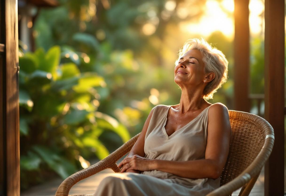 Persona relajada en ambiente hogareño con iluminación cálida