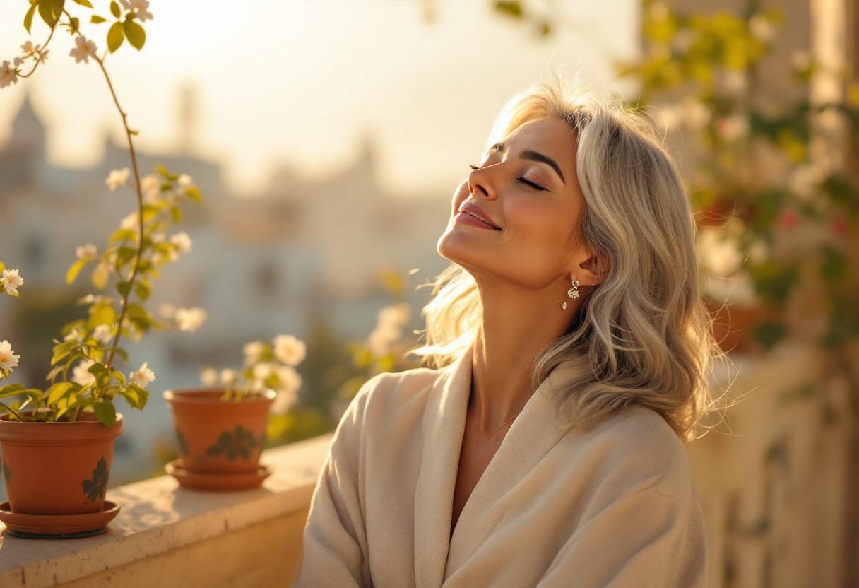 امرأة تطبق منتج العناية بالبشرة في روتين يومي هادئ