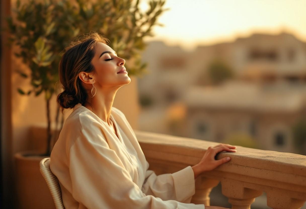 امرأة تستخدم منتج العناية بالبشرة في روتينها اليومي الصباحي