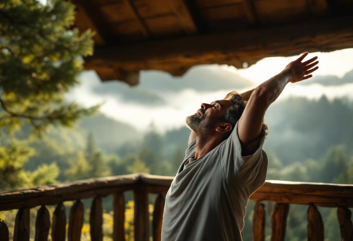Persona meditando en jardín tranquilo con vegetación tropical, simbolizando paz interior y equilibrio