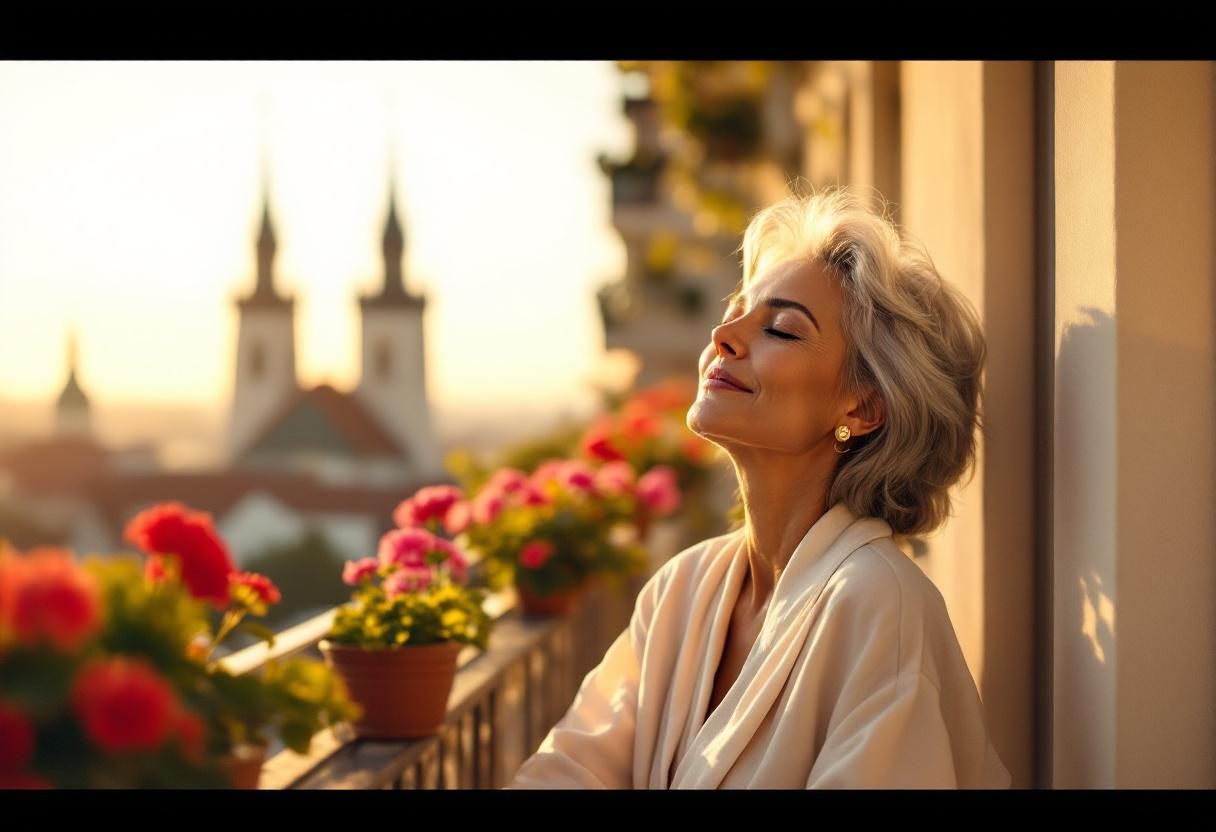 Frau in entspannter Naturumgebung mit Fokus auf Wohlbefinden und Balance