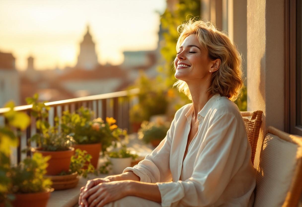 Frau in entspannter Naturumgebung symbolisiert Wohlbefinden und Balance im Alltag