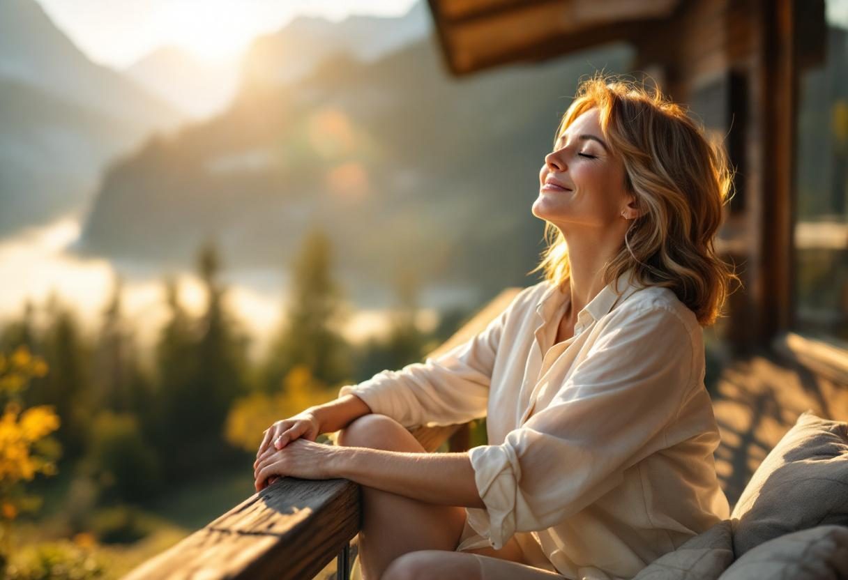 Frau entspannt mit erhobenen Beinen in entspannter Umgebung