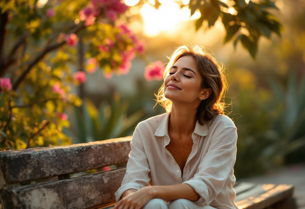 Mujer aplicando crema hidratante en rostro con gesto relajado en ambiente natural luminoso